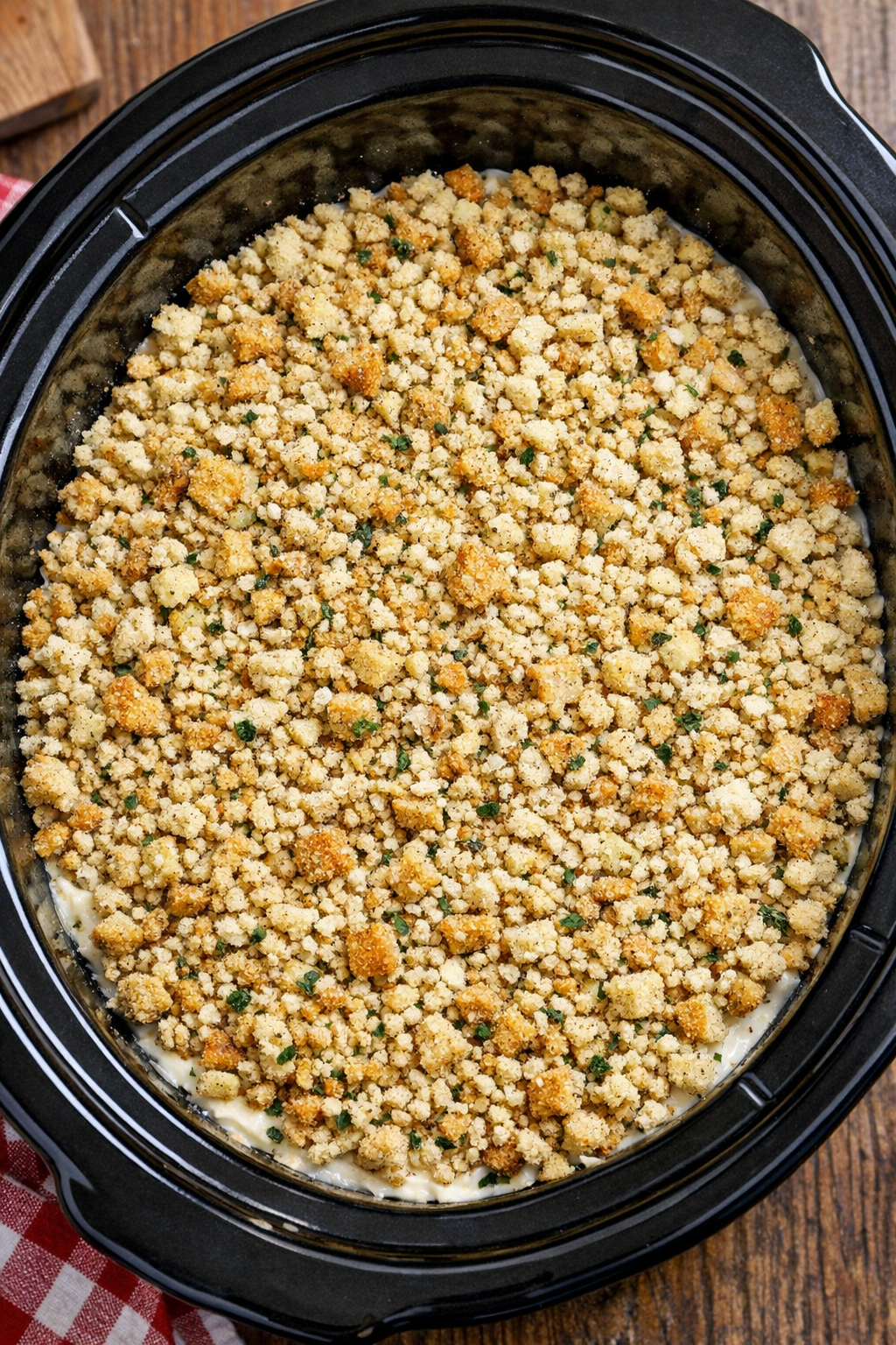 Stuffing mix layered over the casserole before cooking
