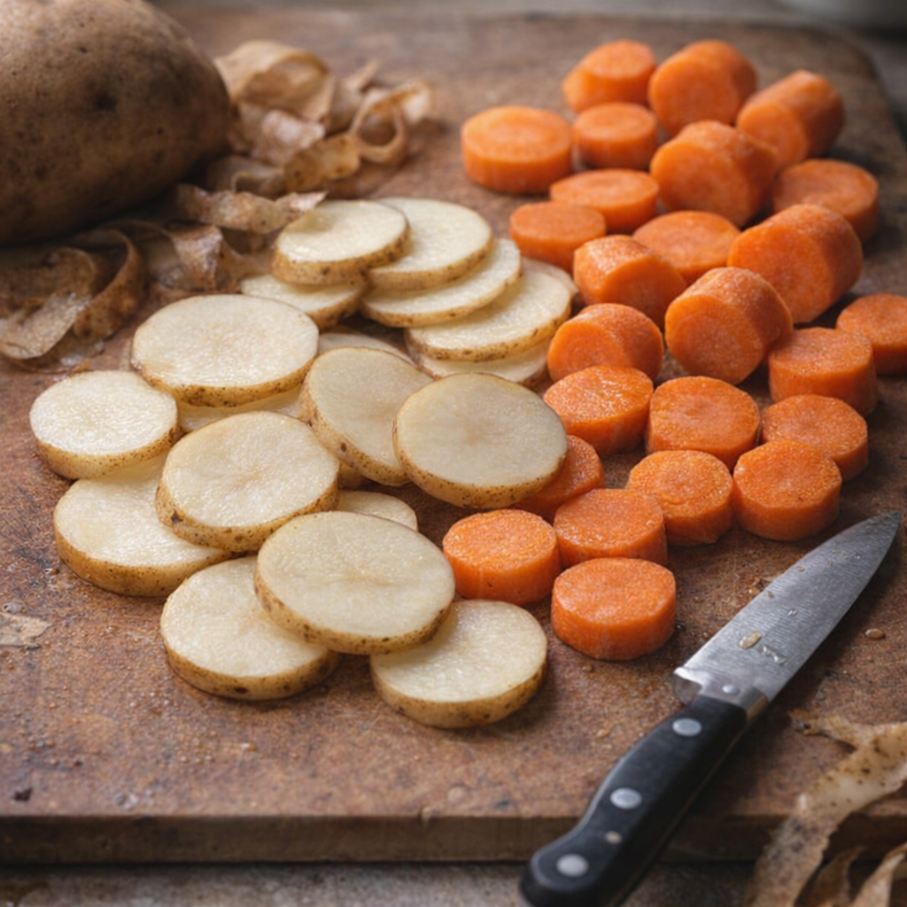 Sliced potatoes and carrots on a cutting board