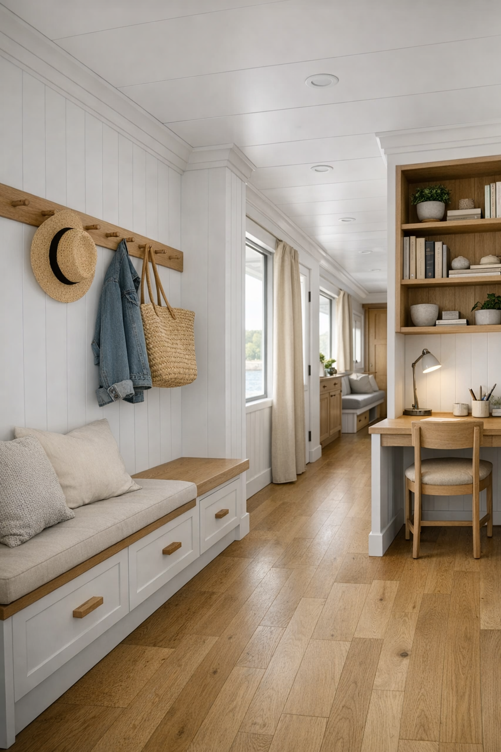 Functional secondary space with built-in bench, study nook, and simple millwork