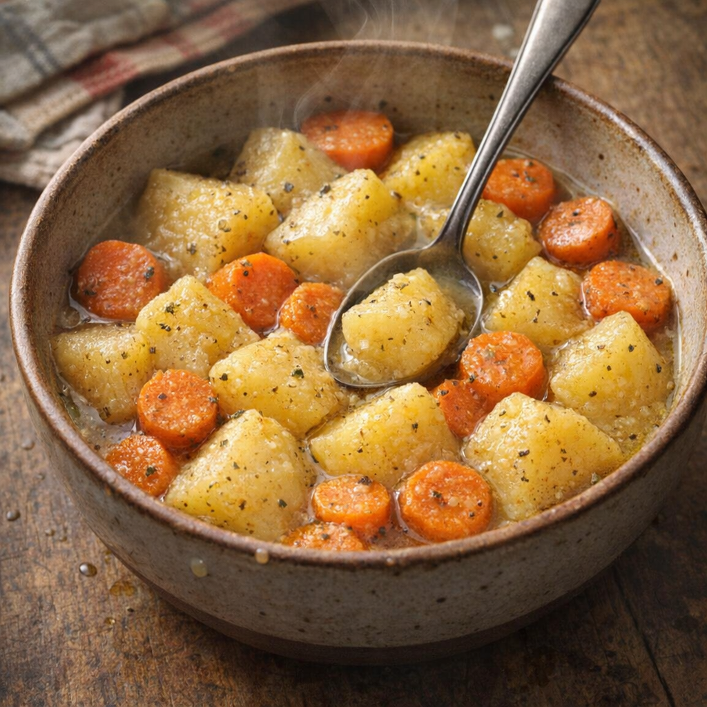 Rustic bowl of potatoes and carrots with buttery broth