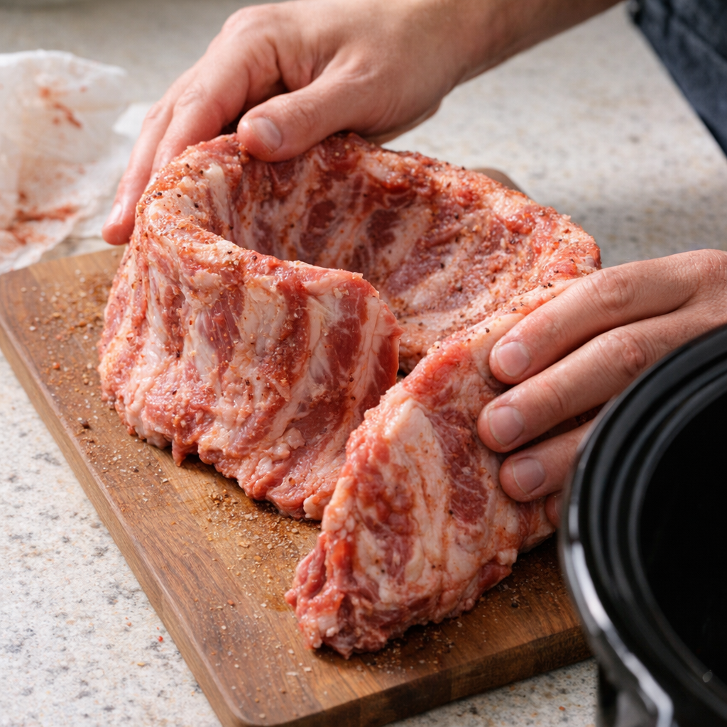 Raw rack of ribs being folded for the slow cooker