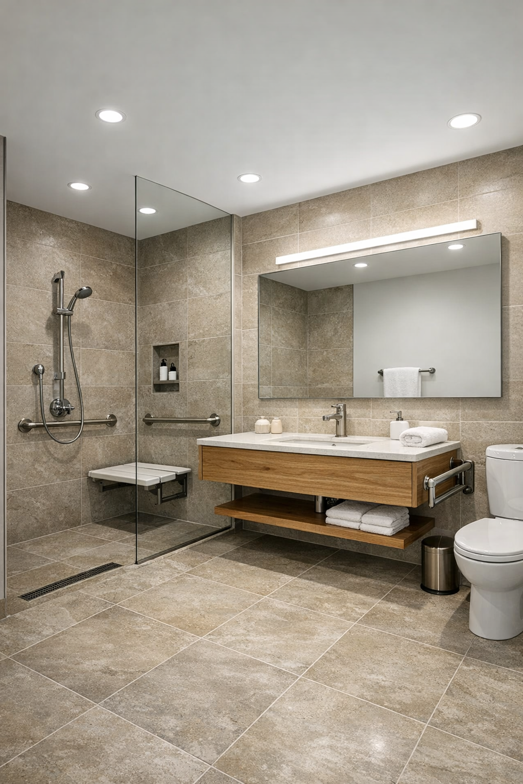 Refined accessible bathroom with a curbless shower, stone-look tile, and a floating wood vanity
