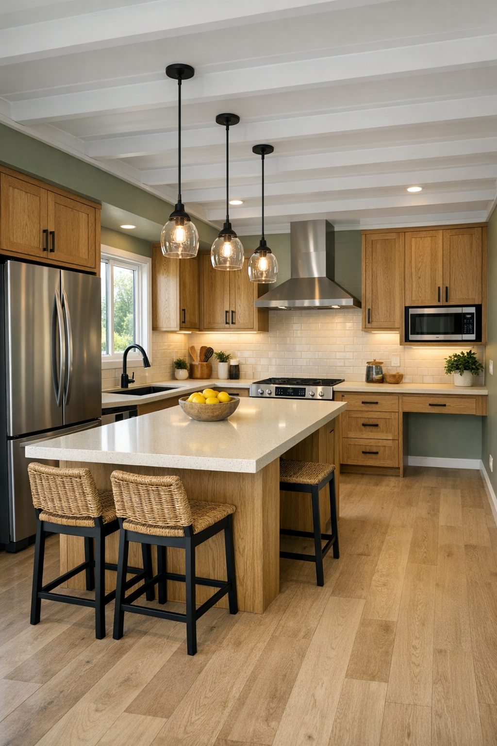 Accessible sage green kitchen with quartz counters, oak cabinetry, and a large island
