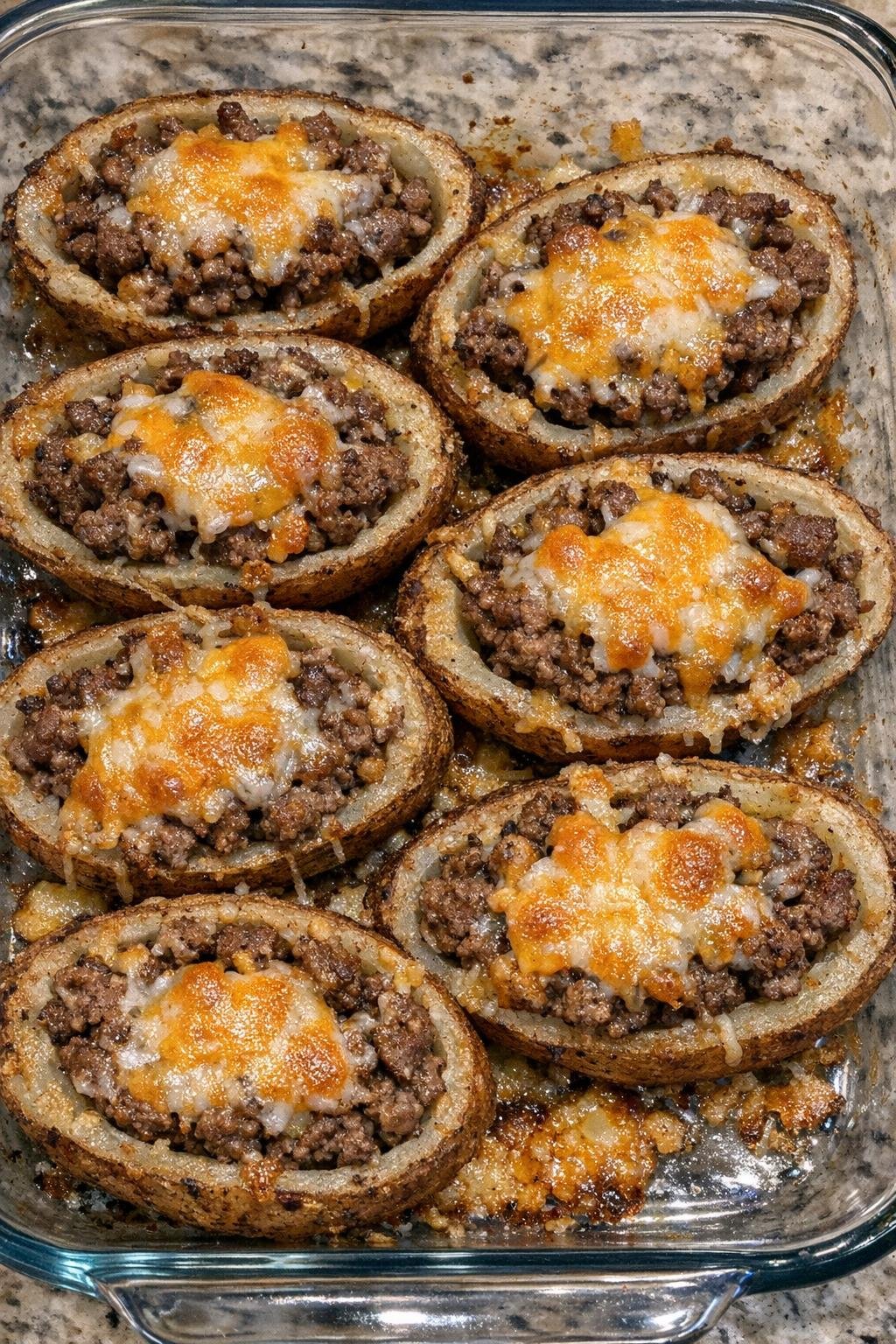 Crispy beef potato skins topped with melted cheese