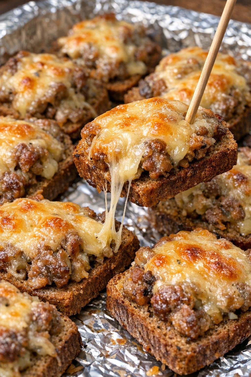 Crispy rye toasts with melted cheese and browned meat