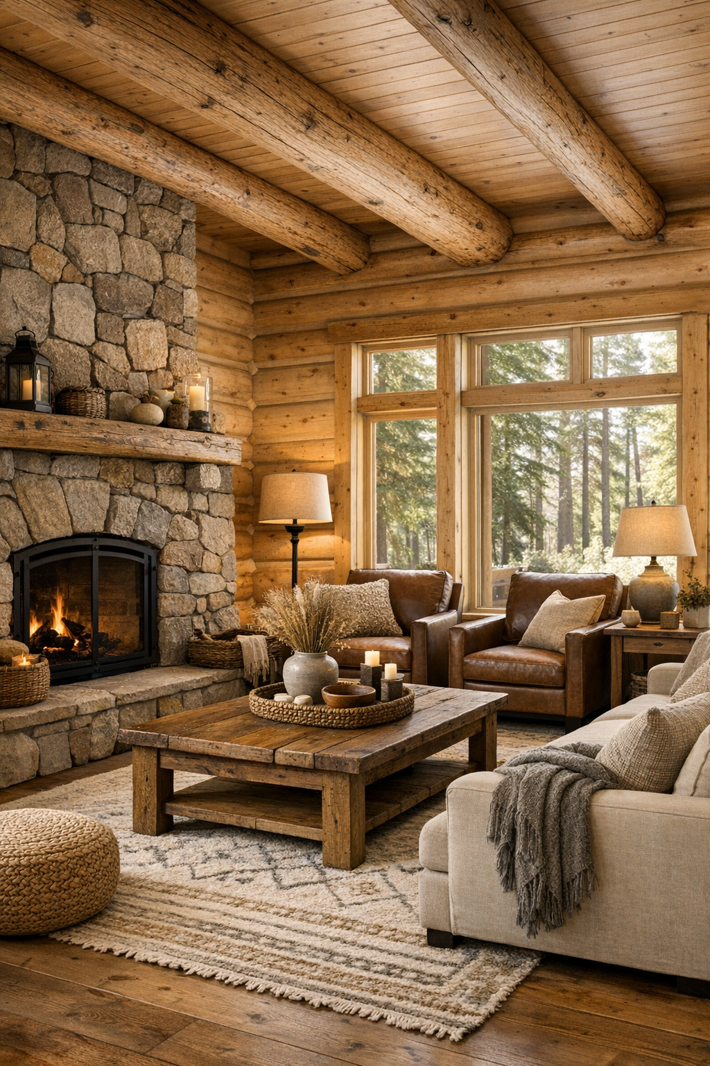 Living room with pale lodgepole pine walls, a stone fireplace, and layered rustic seating