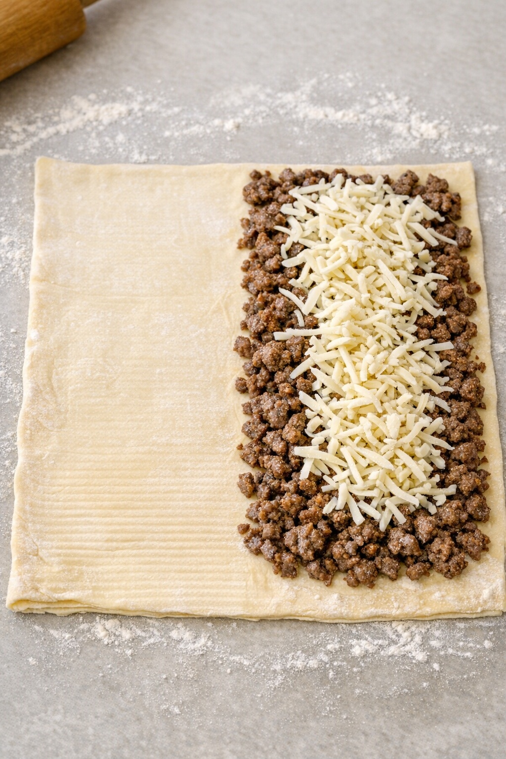 Puff pastry topped with cooked beef and white cheese