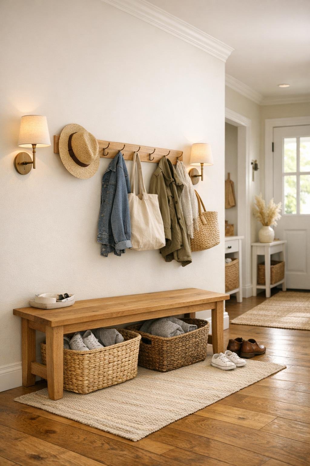 Functional entry and hallway area with a wood bench, coat hooks, baskets, and soft neutral finishes