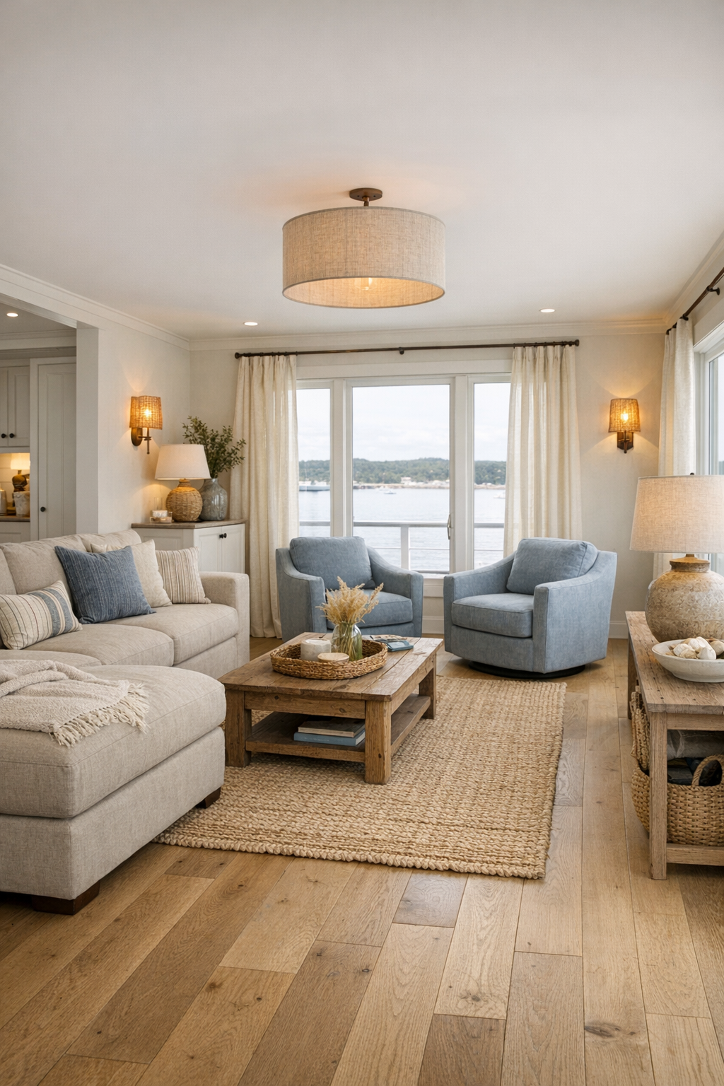 Bright Cape Cod houseboat living room with white oak floors and soft coastal furnishings
