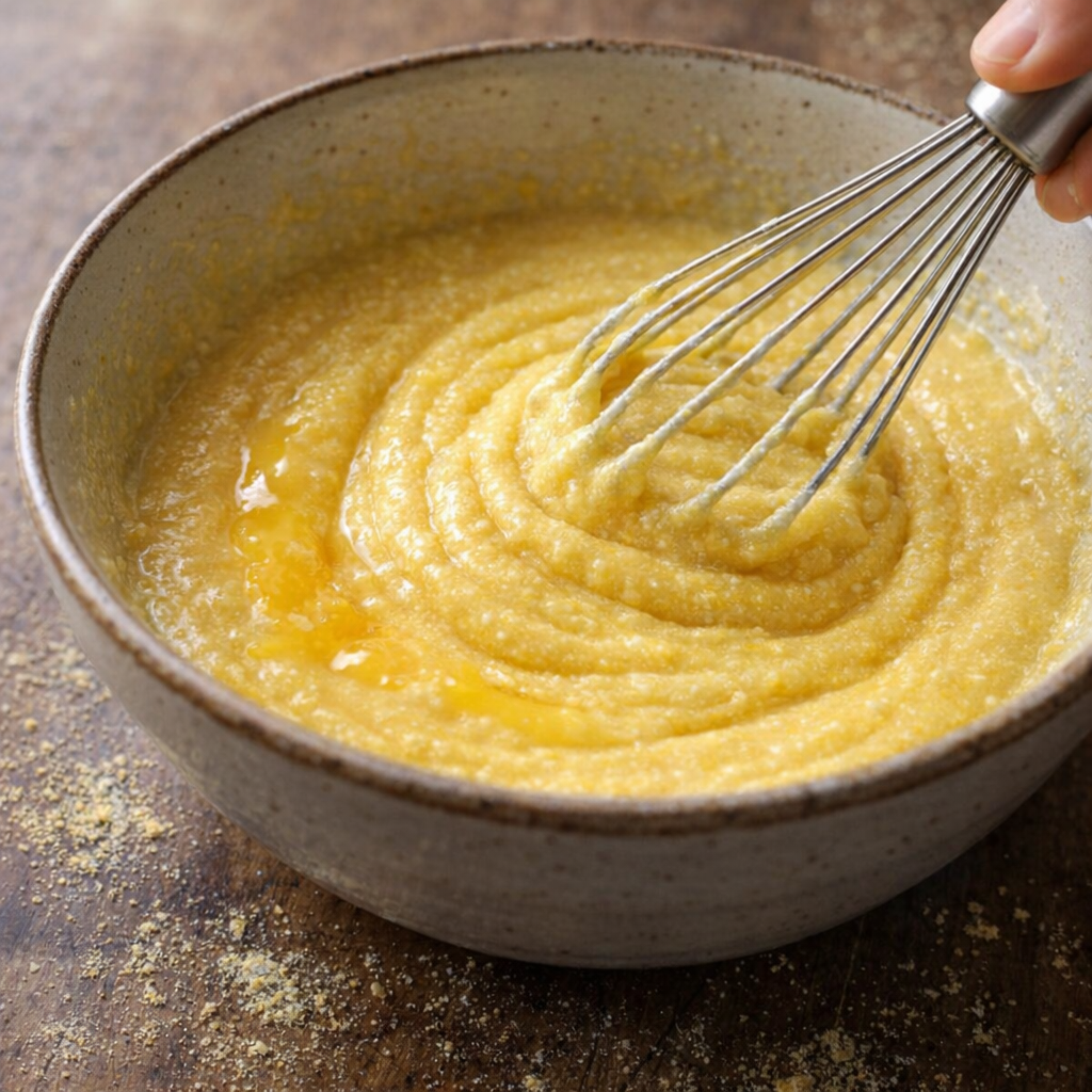 Cornmeal batter being mixed in a ceramic bowl