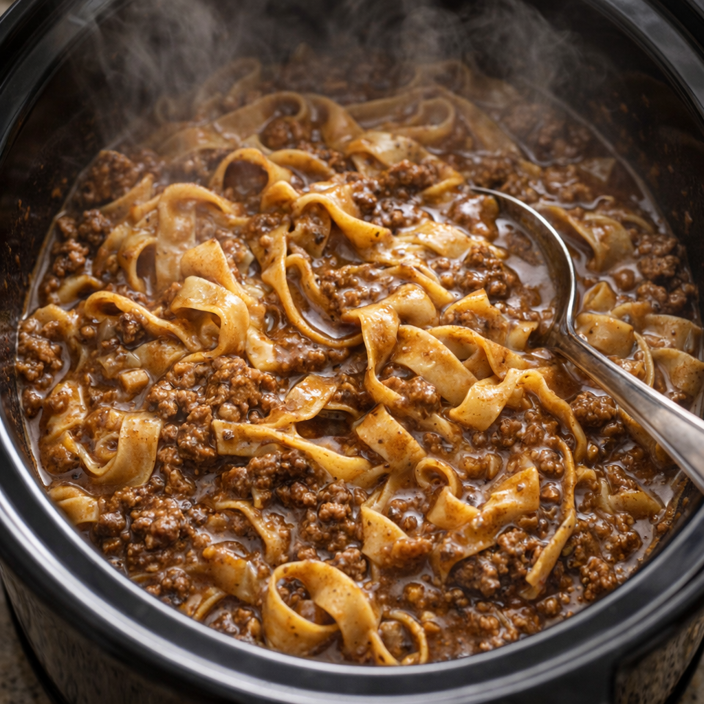 Egg noodles cooking in thick beef gravy inside the slow cooker