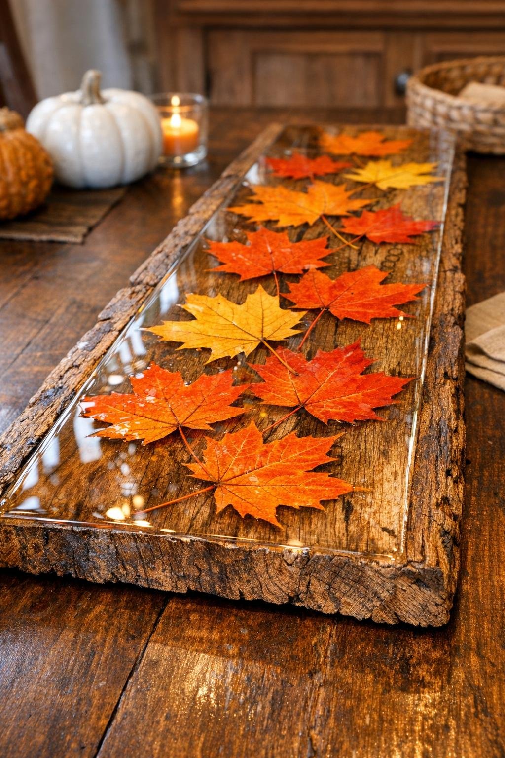 Finished fall harvest resin table runner with embedded maple leaves on reclaimed wood