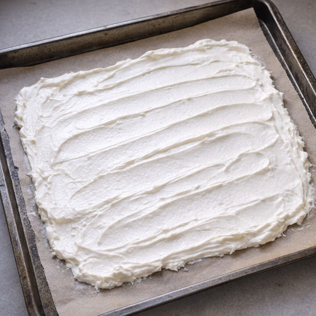 Cold sour cream spread on parchment for pie