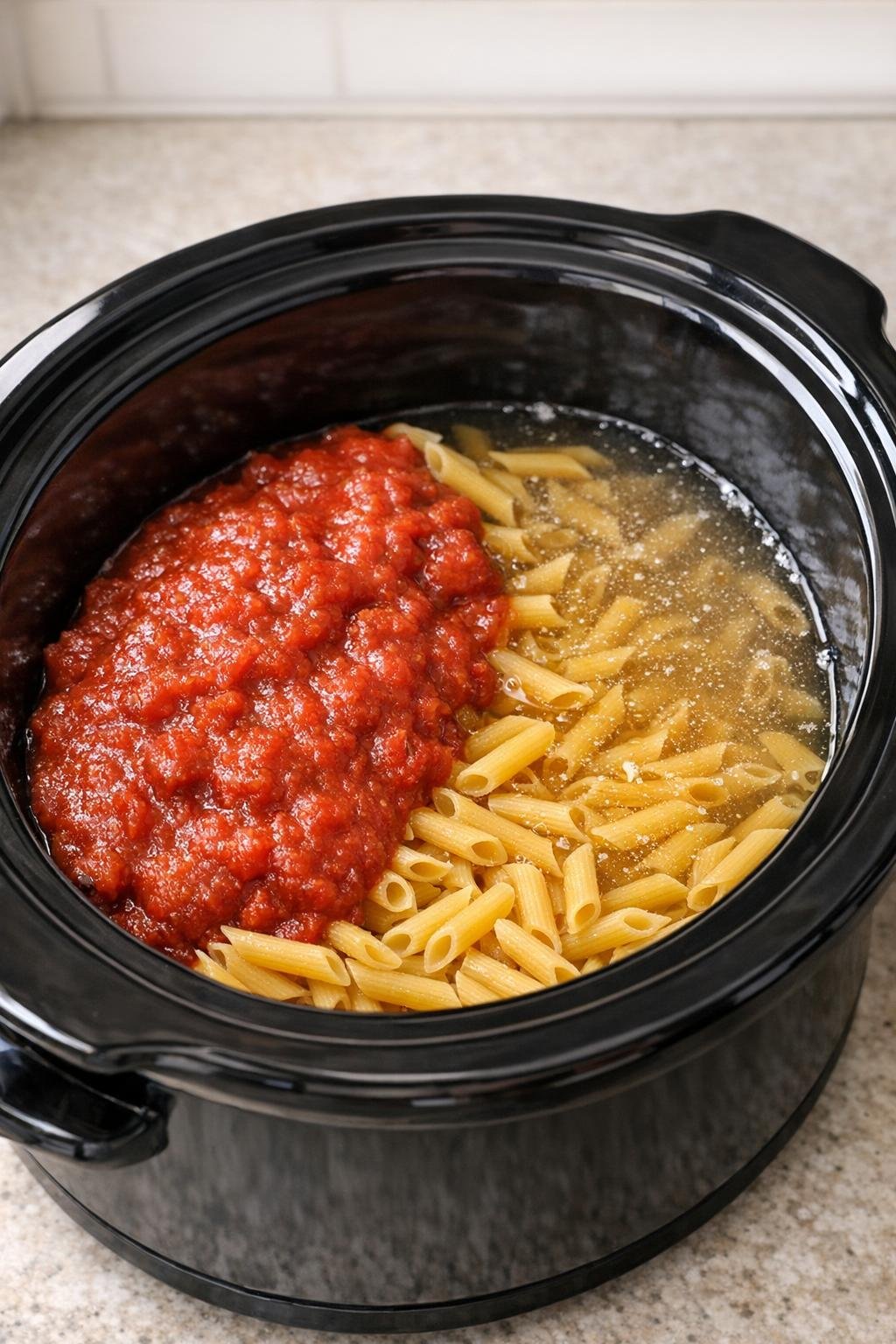 Droge pasta en saus worden in een slowcooker gedaan.