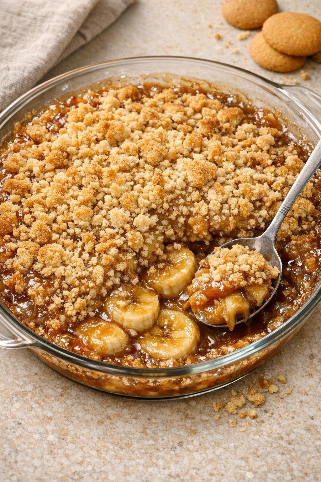 Finished caramel banana bake in a glass pie plate