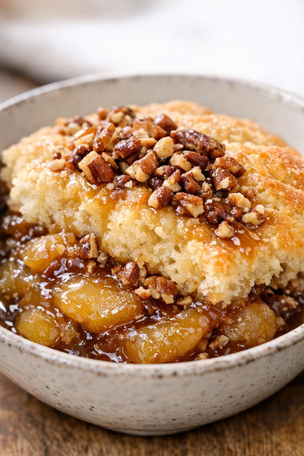 Appeldessert uit de slowcooker met gehakte pecannoten als topping.