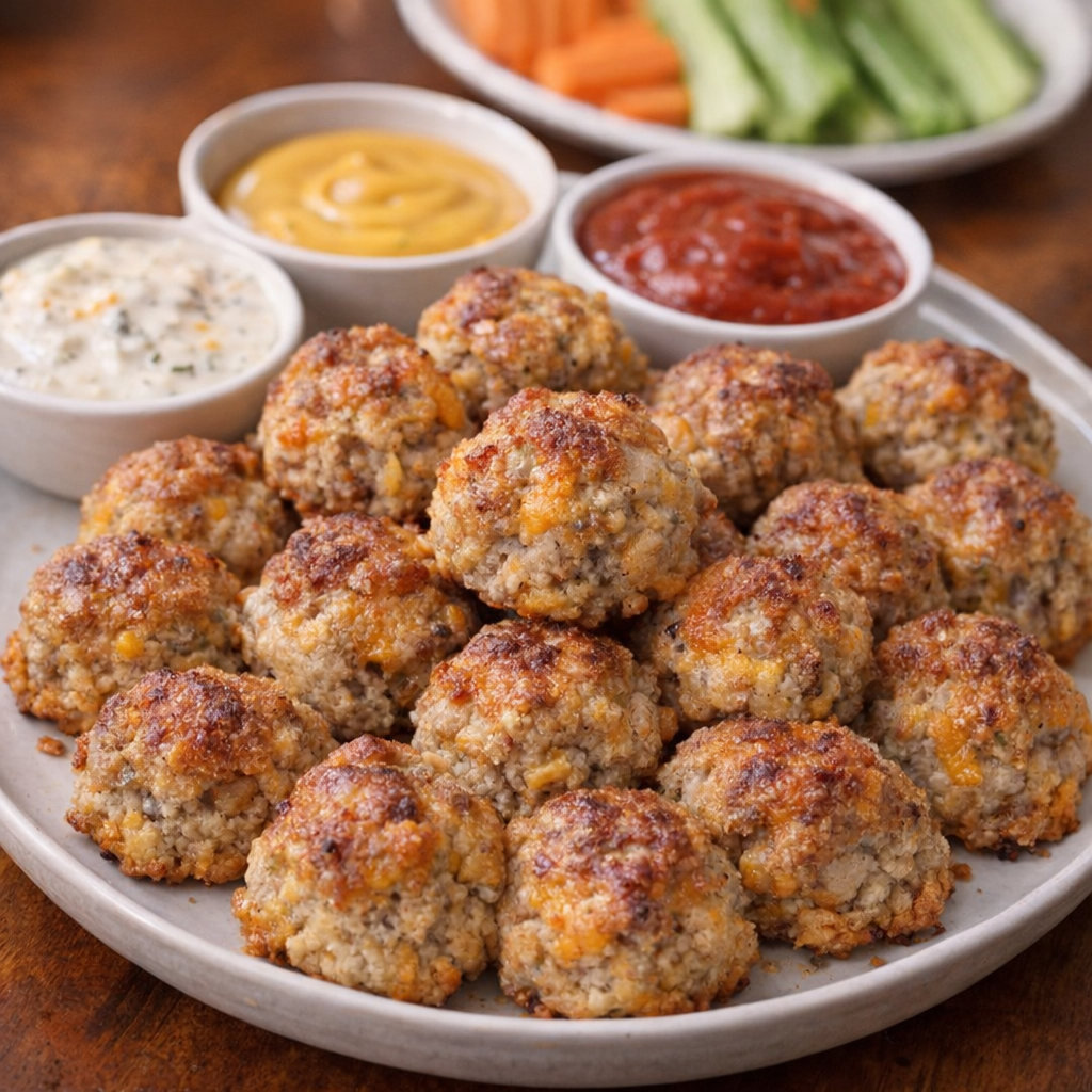 Sausage balls served with dipping sauces for a casual gathering