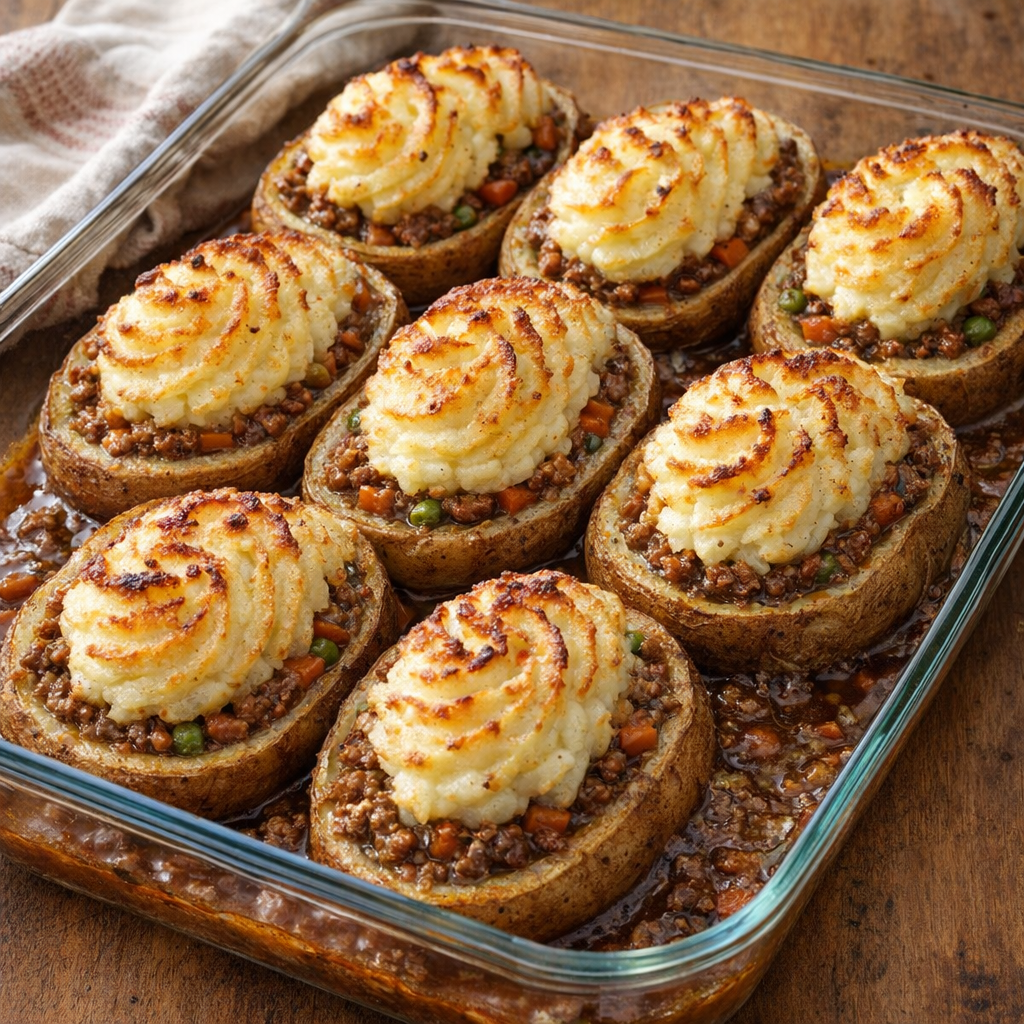 Freshly baked shepherd’s pie stuffed potatoes in a glass casserole dish