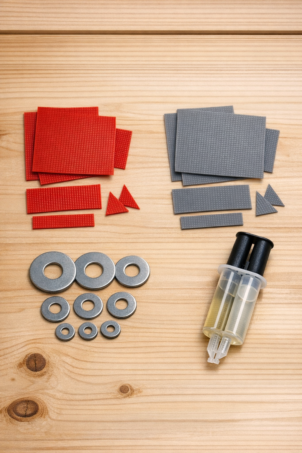 Chopped silicone baking mats, steel washers, and two-part epoxy laid out on a workbench
