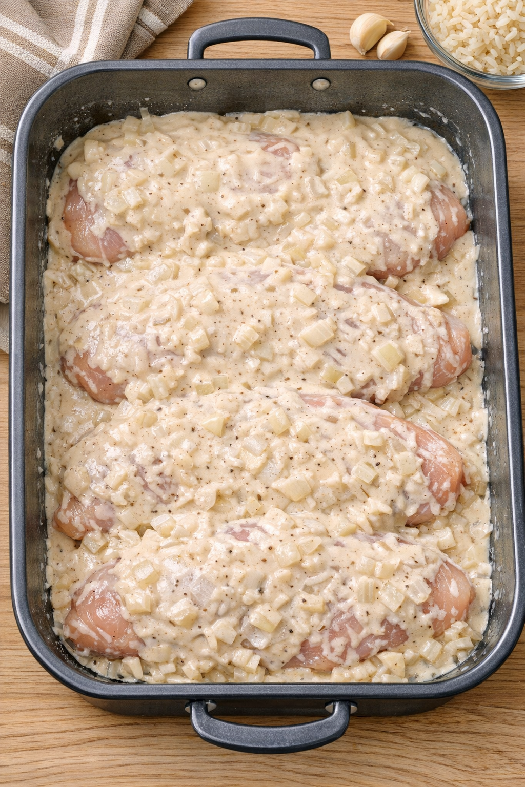 Chicken breasts covered with creamy sauce in roasting pan