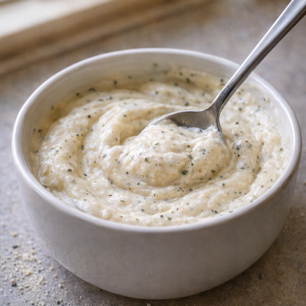 Creamy ranch and soup mixture being stirred in a small bowl