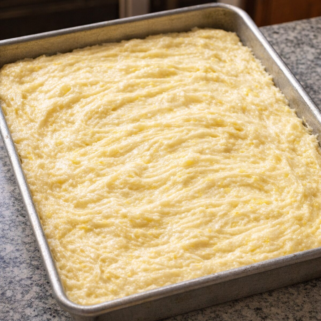Cake batter swirled in a metal baking pan before baking