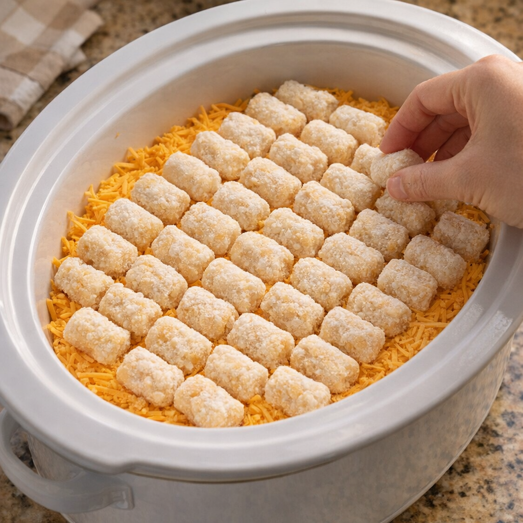 Tater tot rounds neatly arranged over the cheesy potato layer