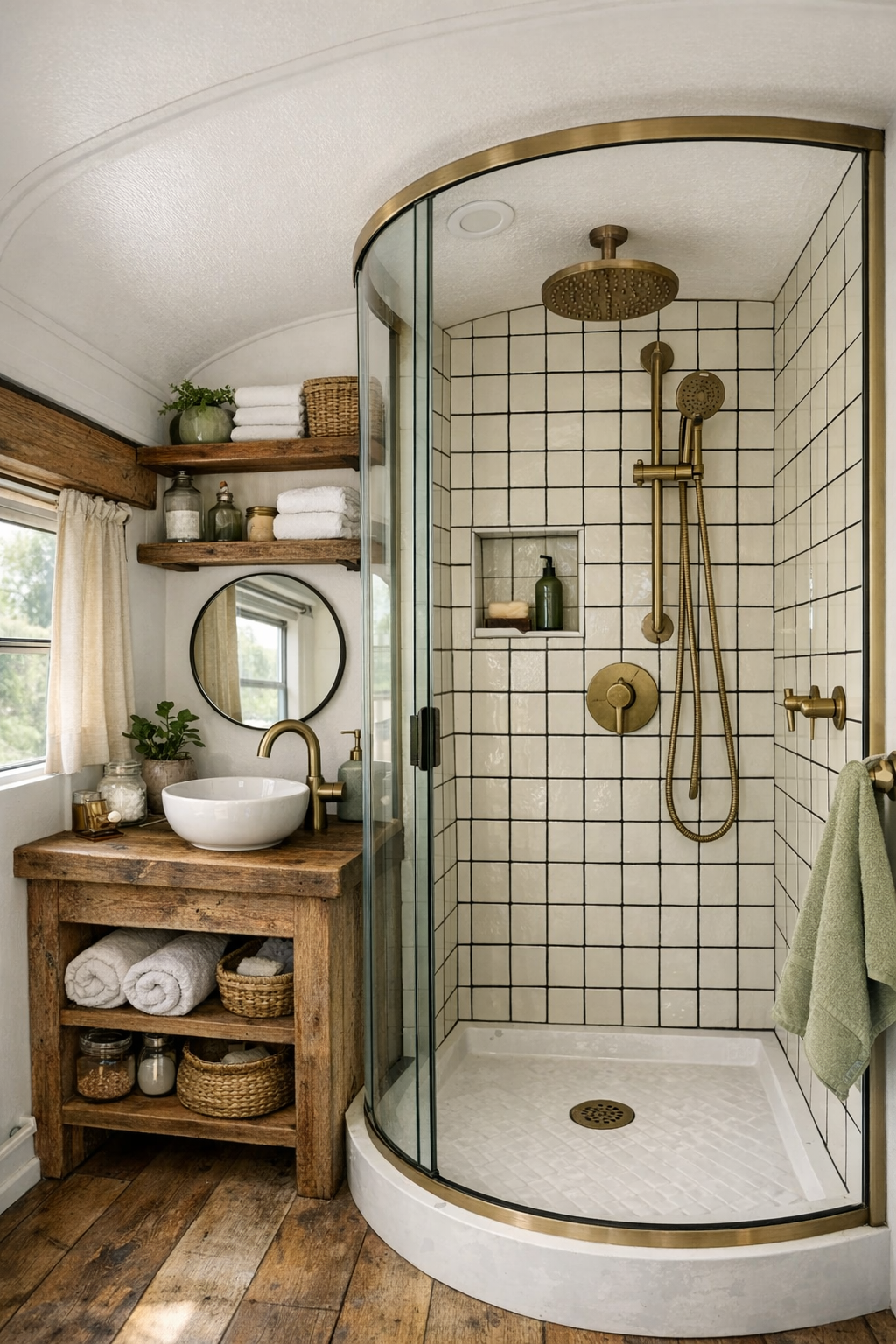 Compact off-grid bus bathroom with tiled shower, reclaimed wood vanity, and brass accents