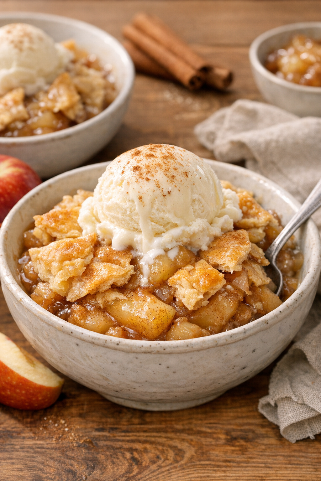 Plated slow cooker apple pie dessert with ice cream