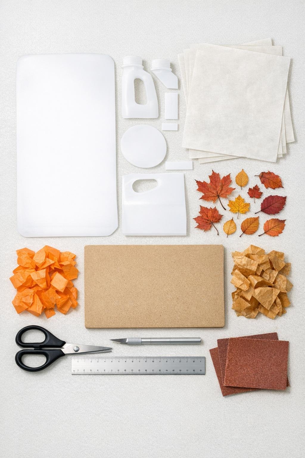 Materials for a fused milk jug autumn harvest board laid out on a table
