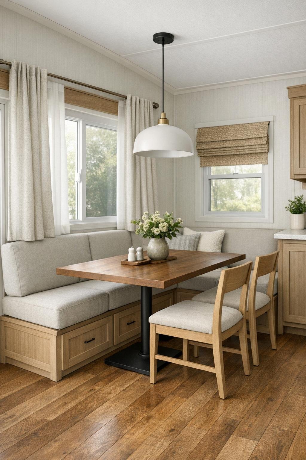 Compact dining nook with built-in banquette and wood table in a modern park model RV