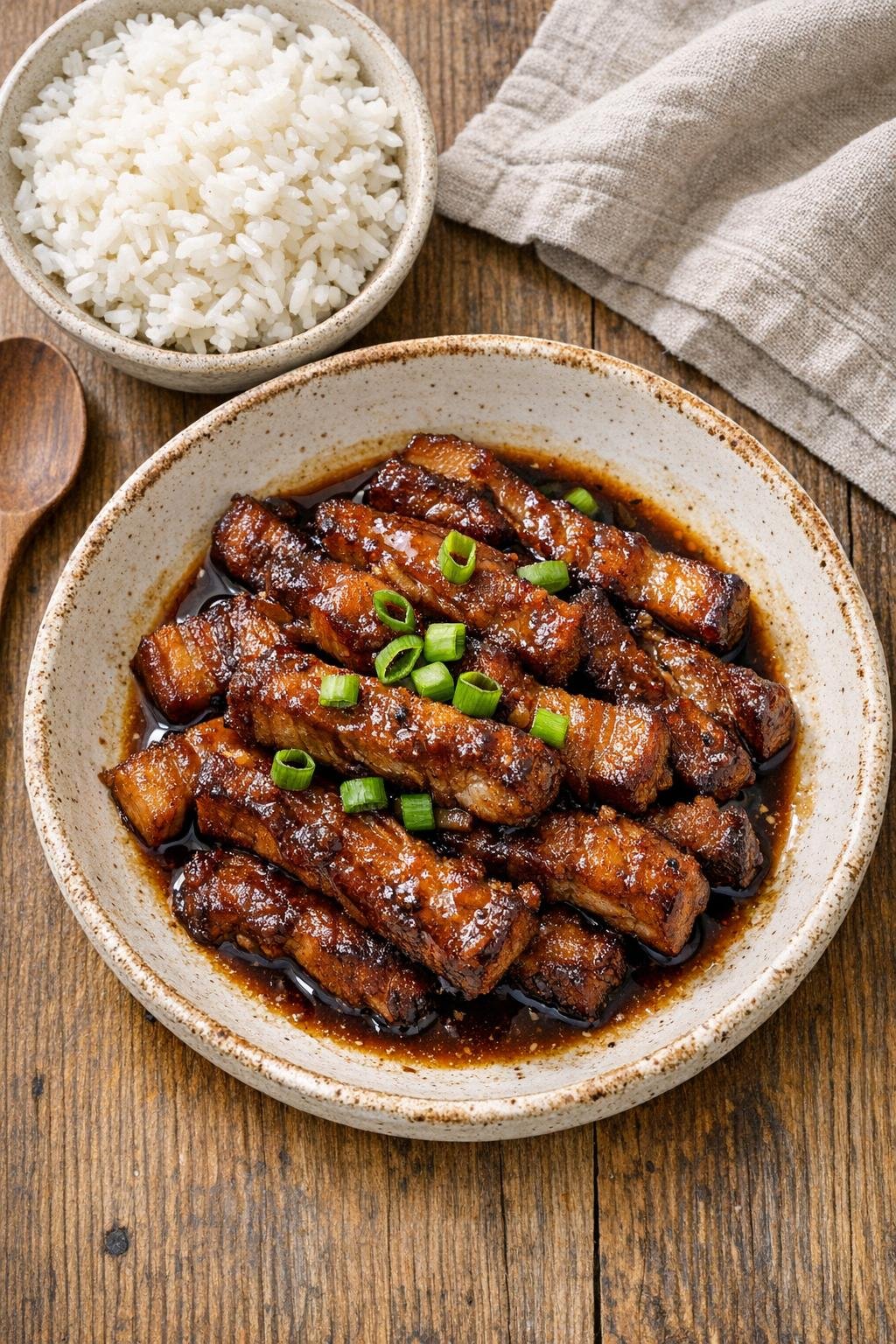 Finished slow cooker pork belly plated with glossy sauce