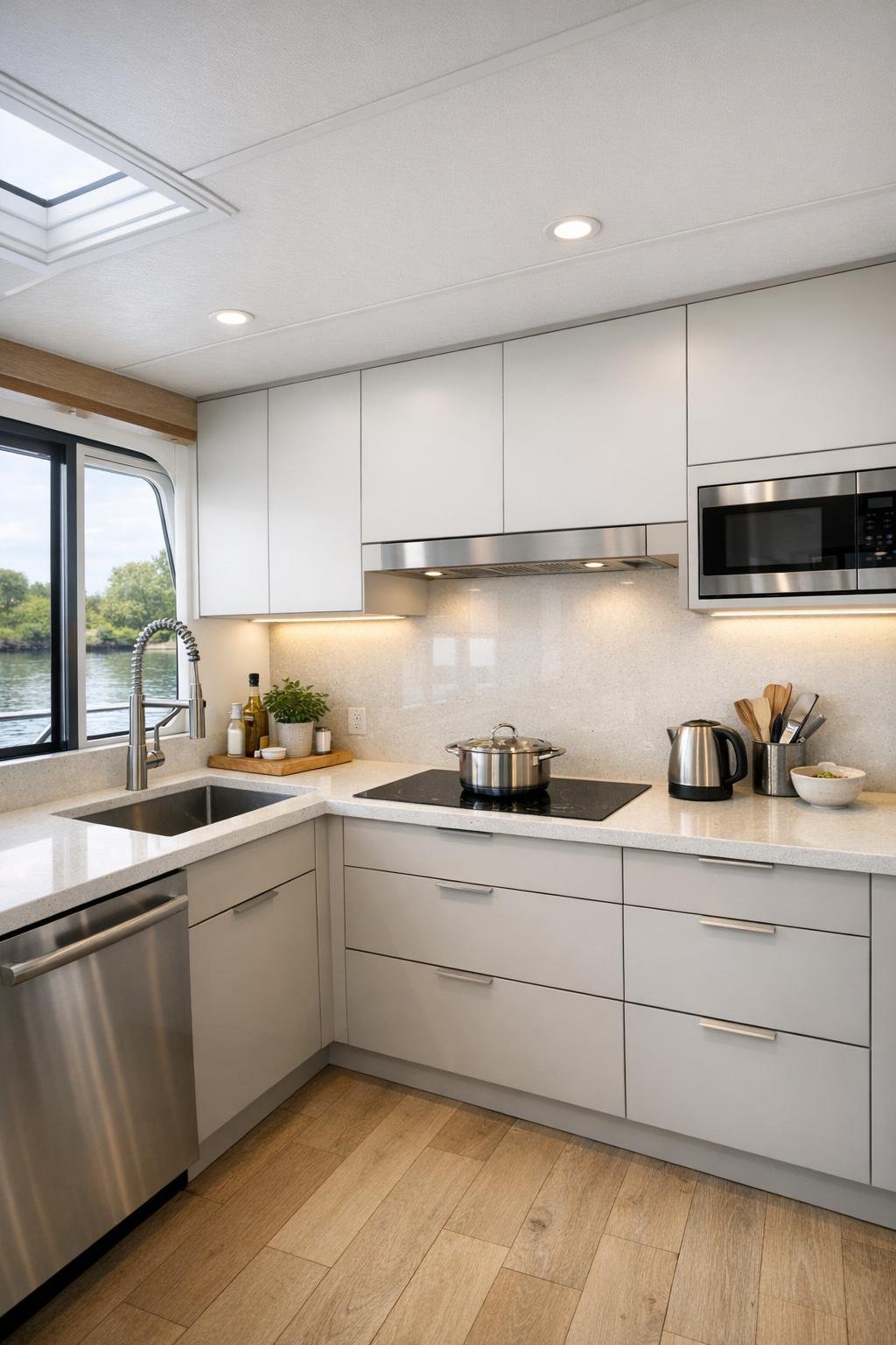 Compact modern houseboat kitchen with pale cabinetry and quartz surfaces