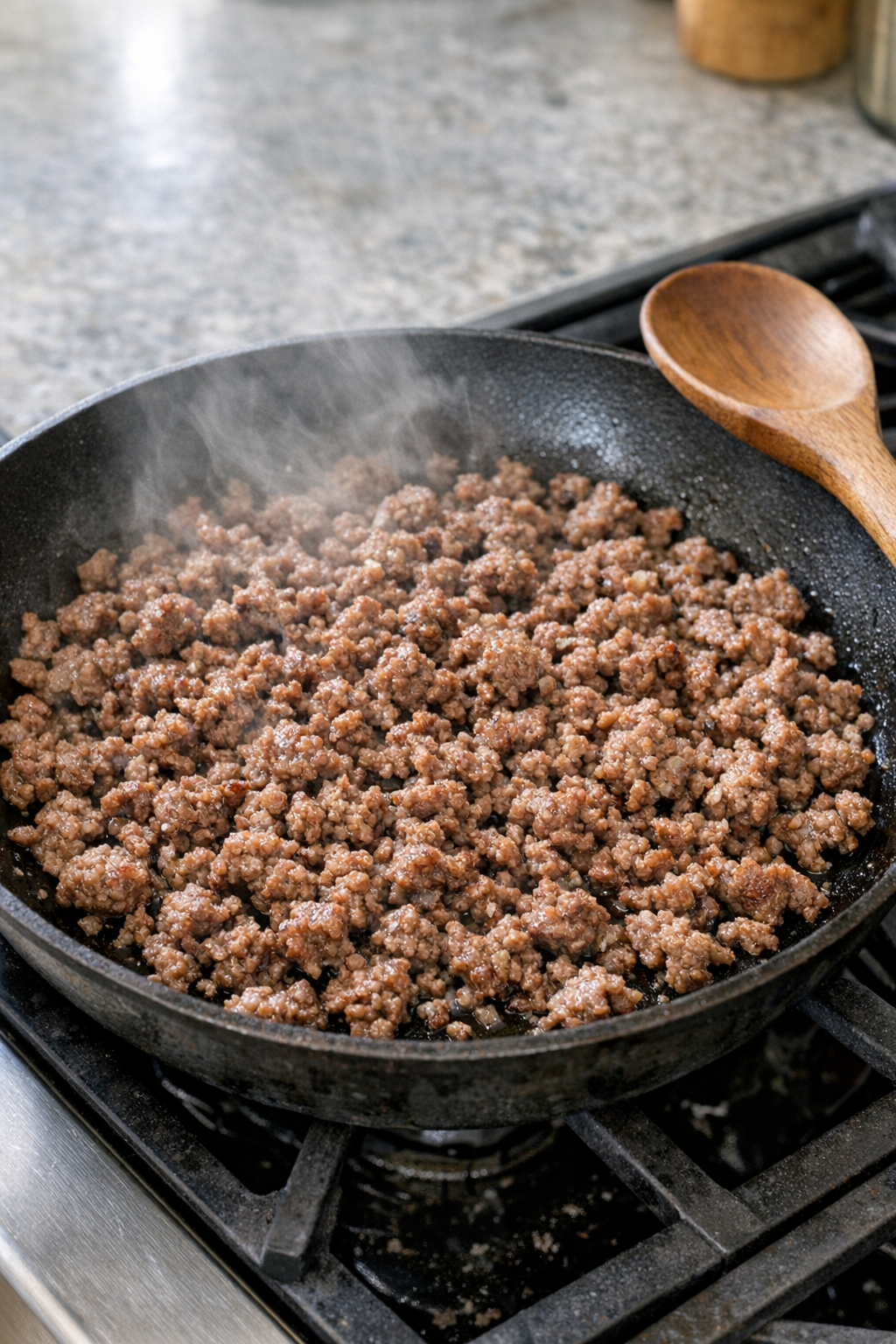 Browned ground beef in a skillet