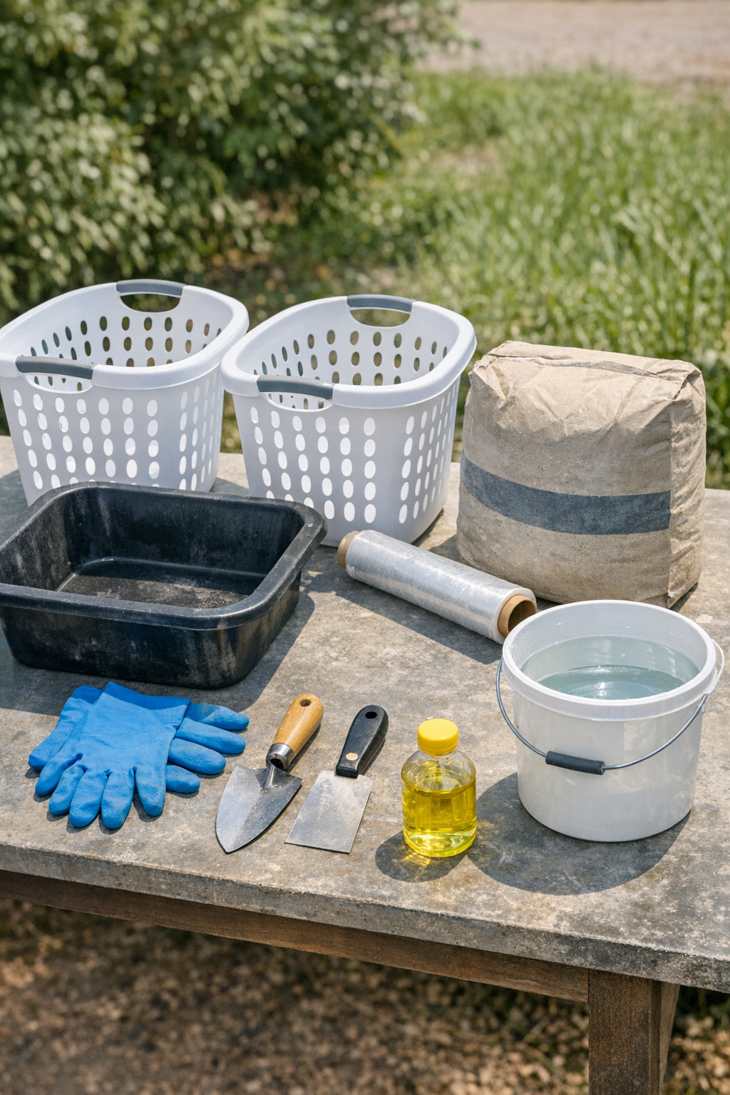 Materials for making cement laundry basket planters laid out on a work surface