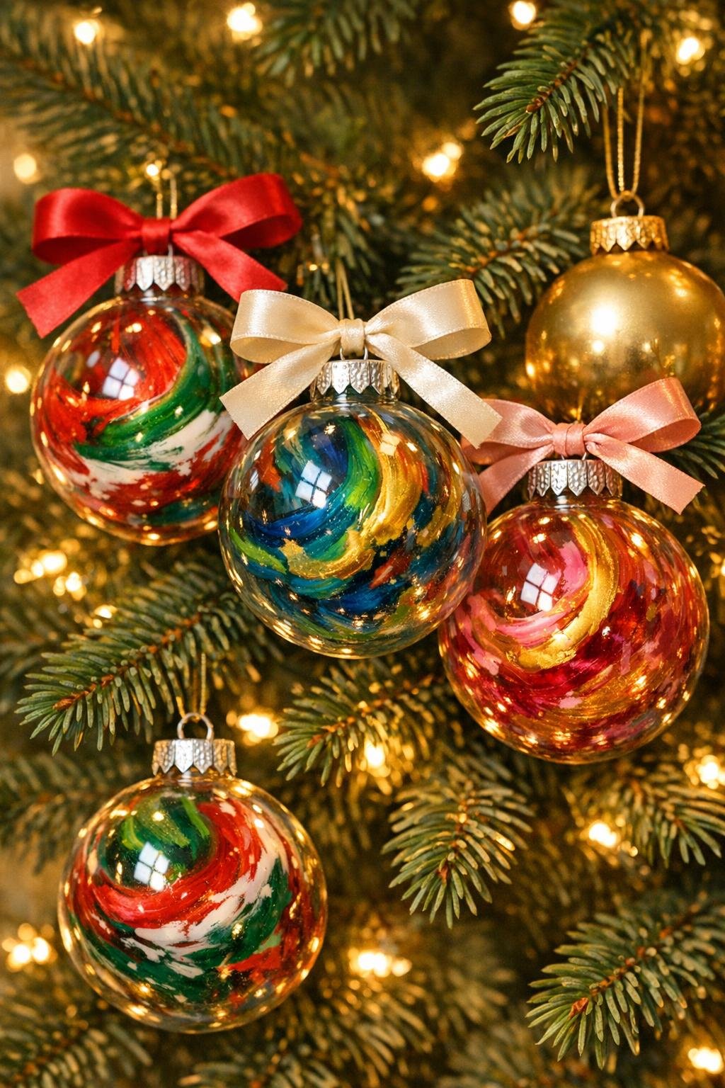 Finished melted crayon swirl ornaments hanging on a Christmas tree