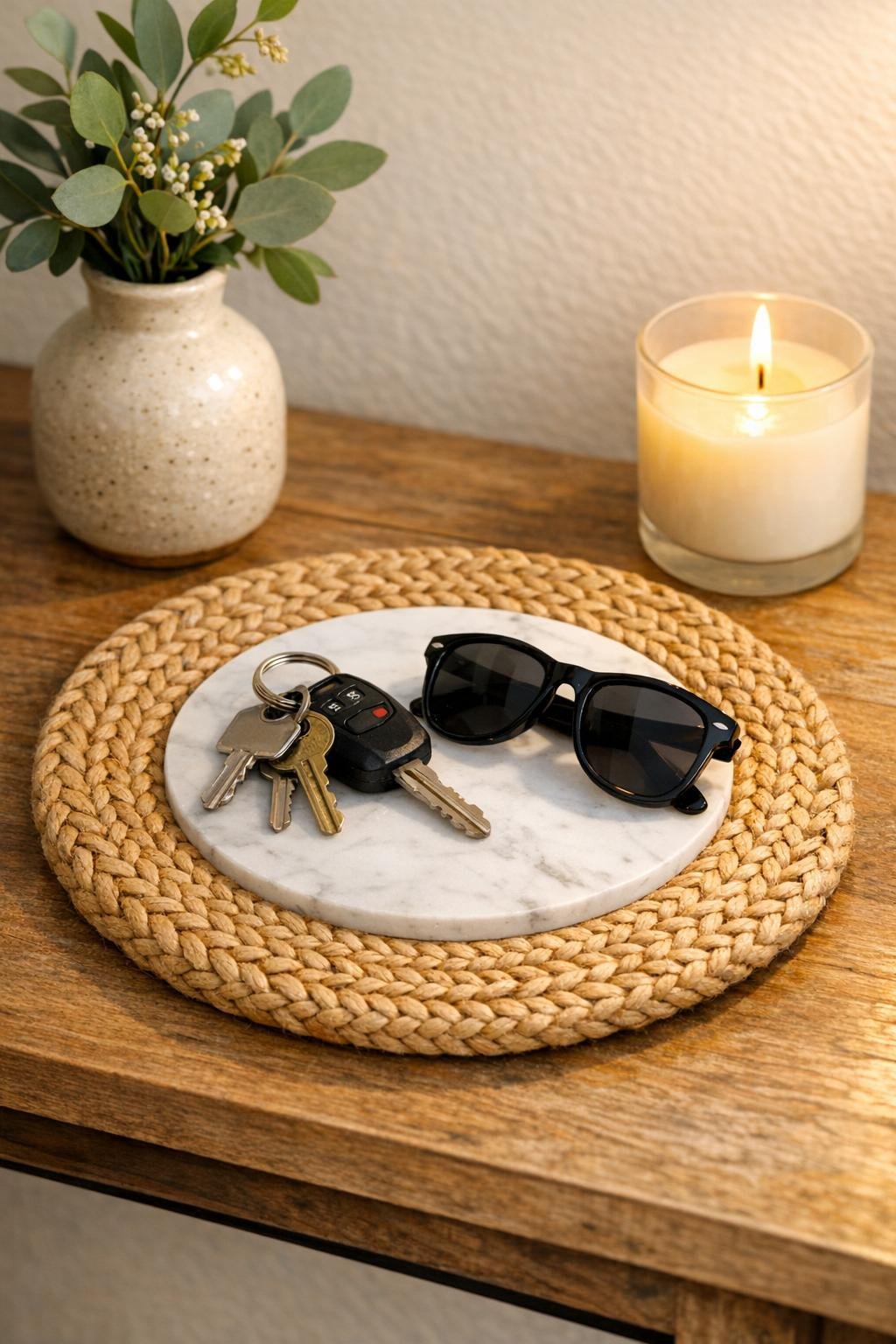 Finished entryway catchall tray made from a woven placemat and marble coaster