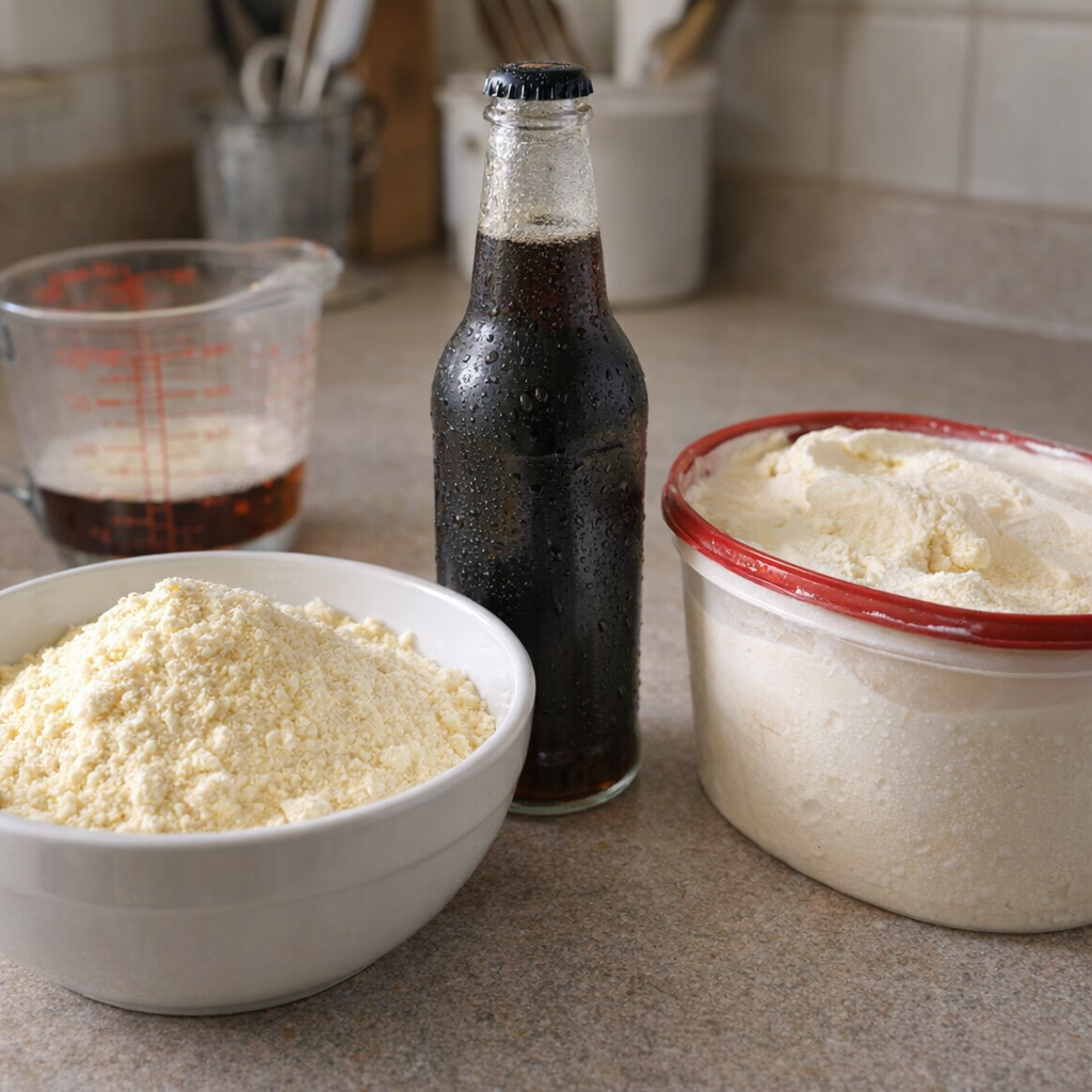 Root beer cake ingredients on a kitchen counter