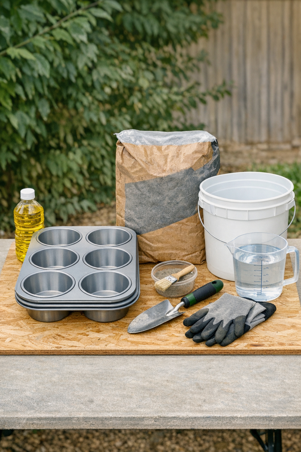 Materials for scalloped cement garden edging laid out on a worktable