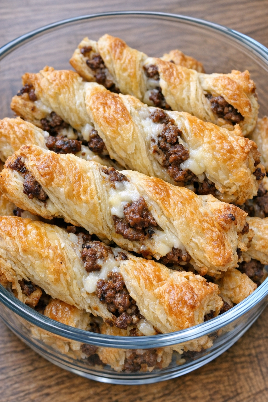 Oven baked beef puff pastry twists in a glass serving bowl
