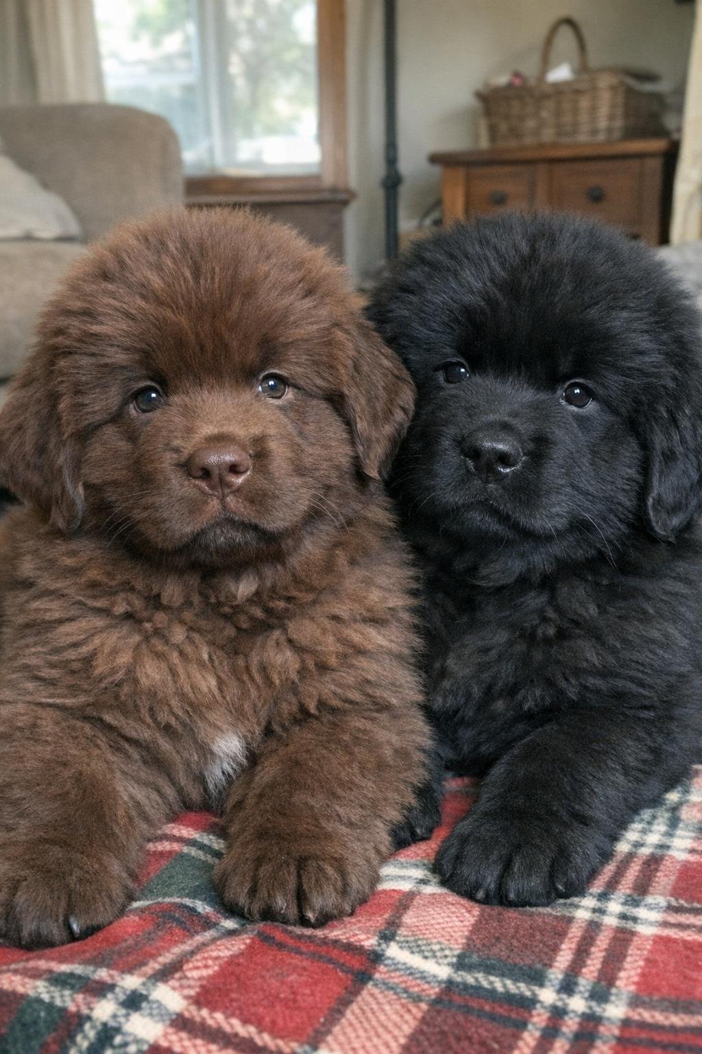 Chocolate brown Newfoundland puppy beside a black littermate on a plaid blanket
