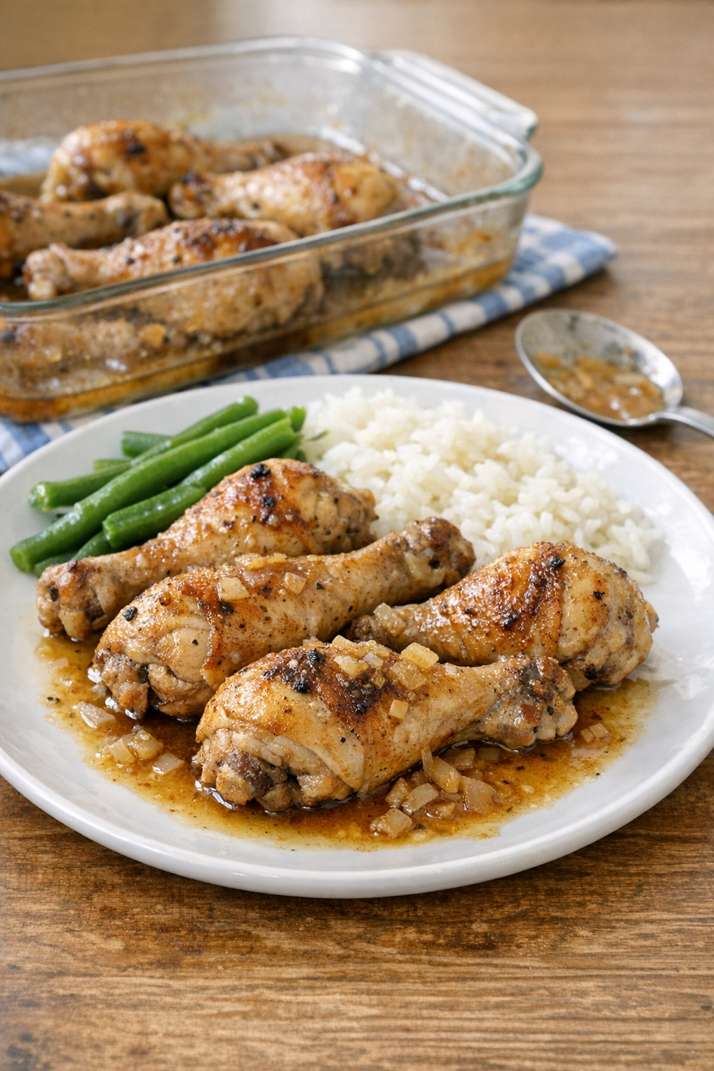 Finished baked chicken drumsticks on a dinner plate