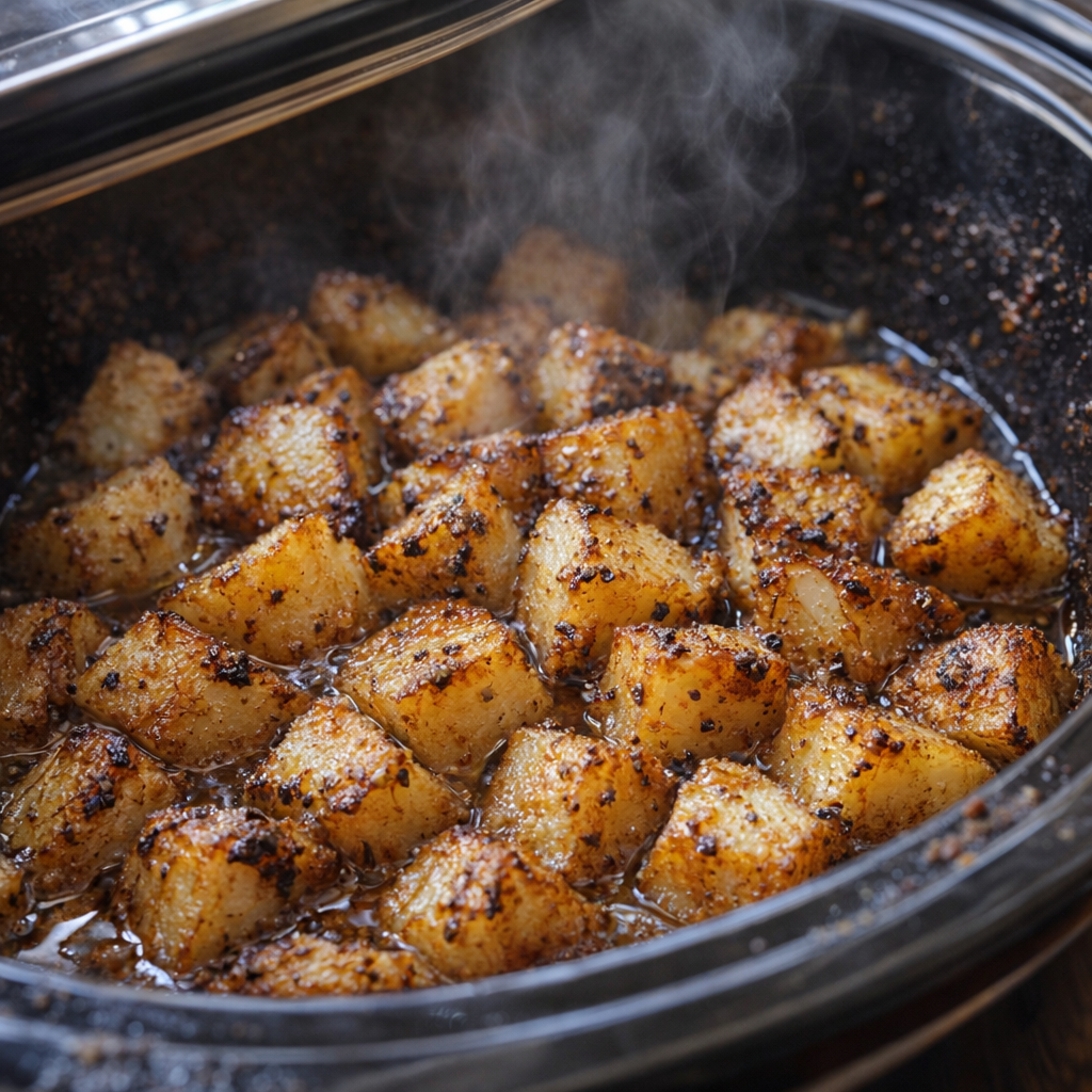 Cooked potatoes turning golden inside a slow cooker