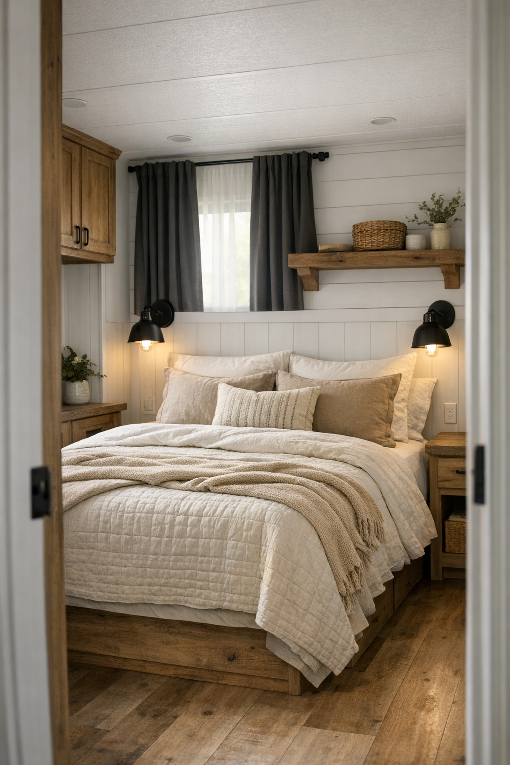 Serene farmhouse bedroom with layered neutral bedding, wood accents, and wall sconces