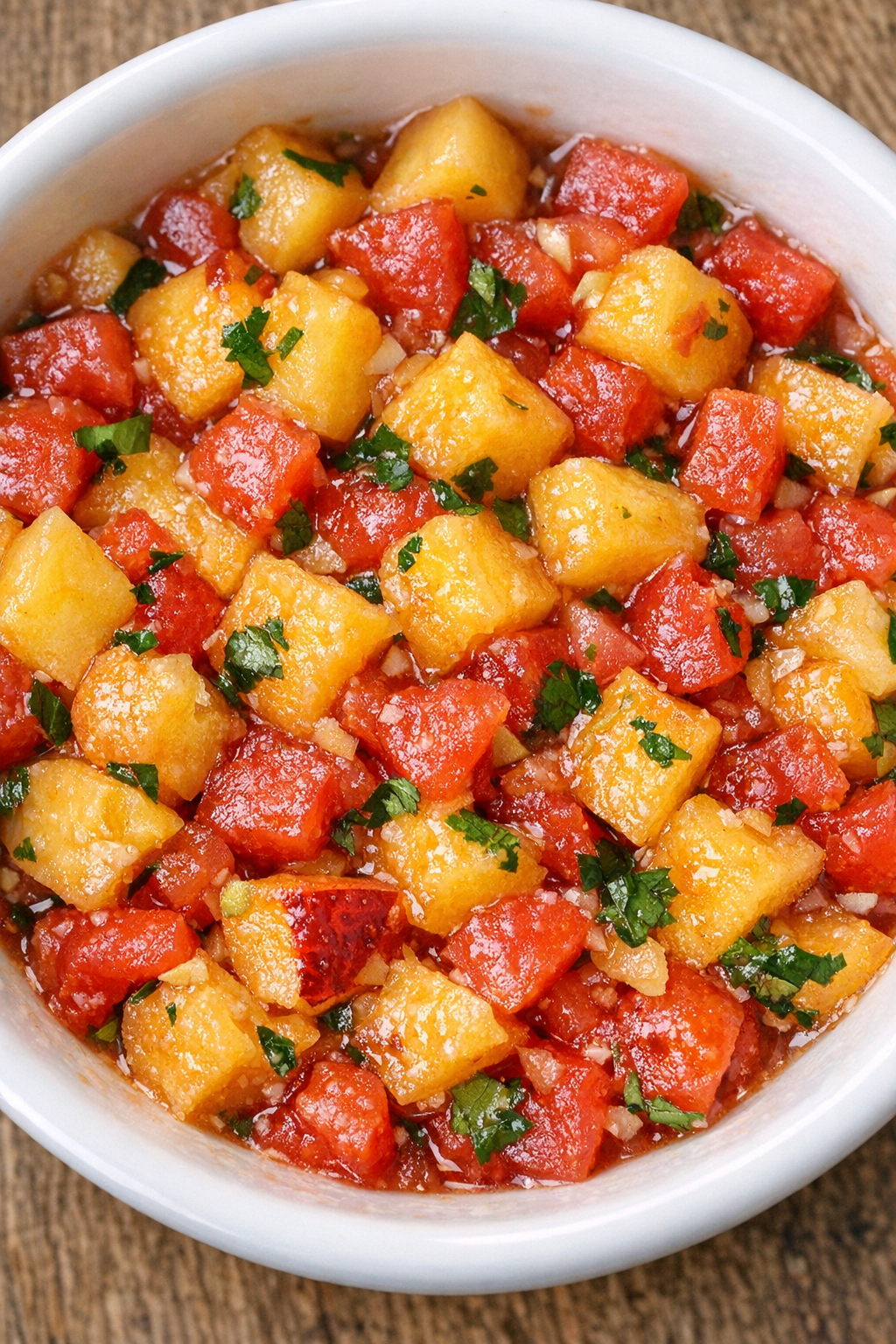 Southern 3-ingredient peach salsa in a white ceramic bowl