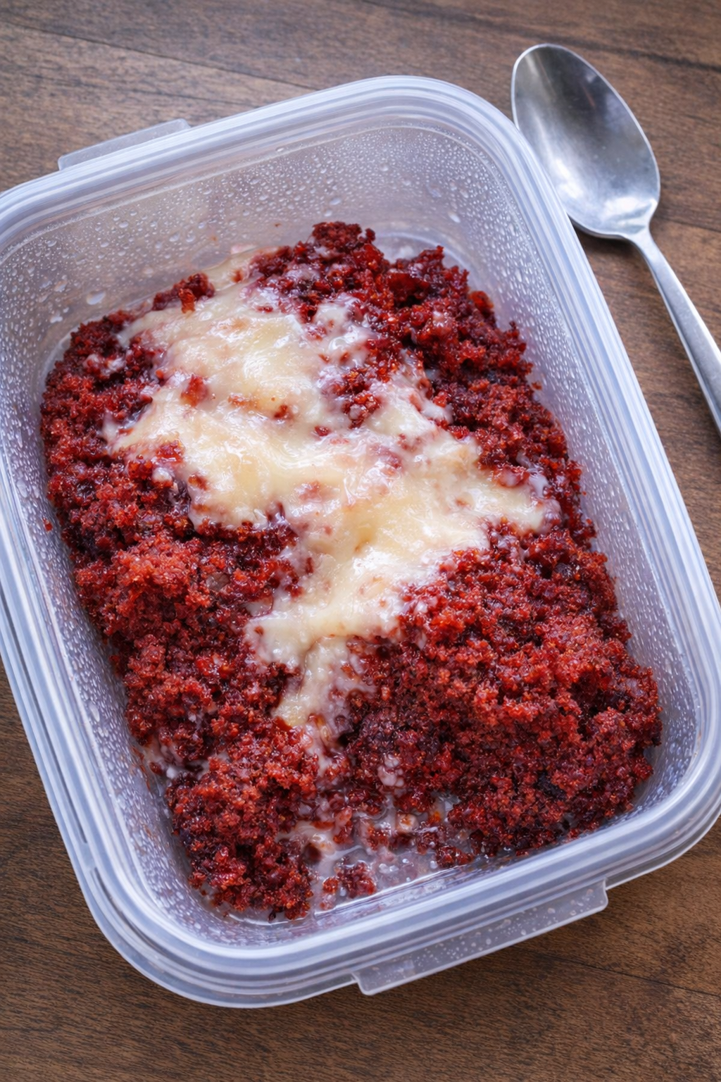 Leftover red velvet dump cake portion in a storage container