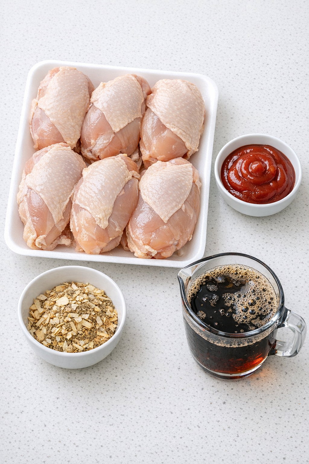 Chicken breasts, ketchup, onion soup mix, and cola