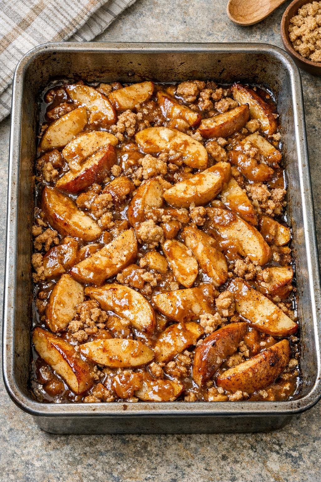 Finished baked apple caramel dessert in a roasting pan