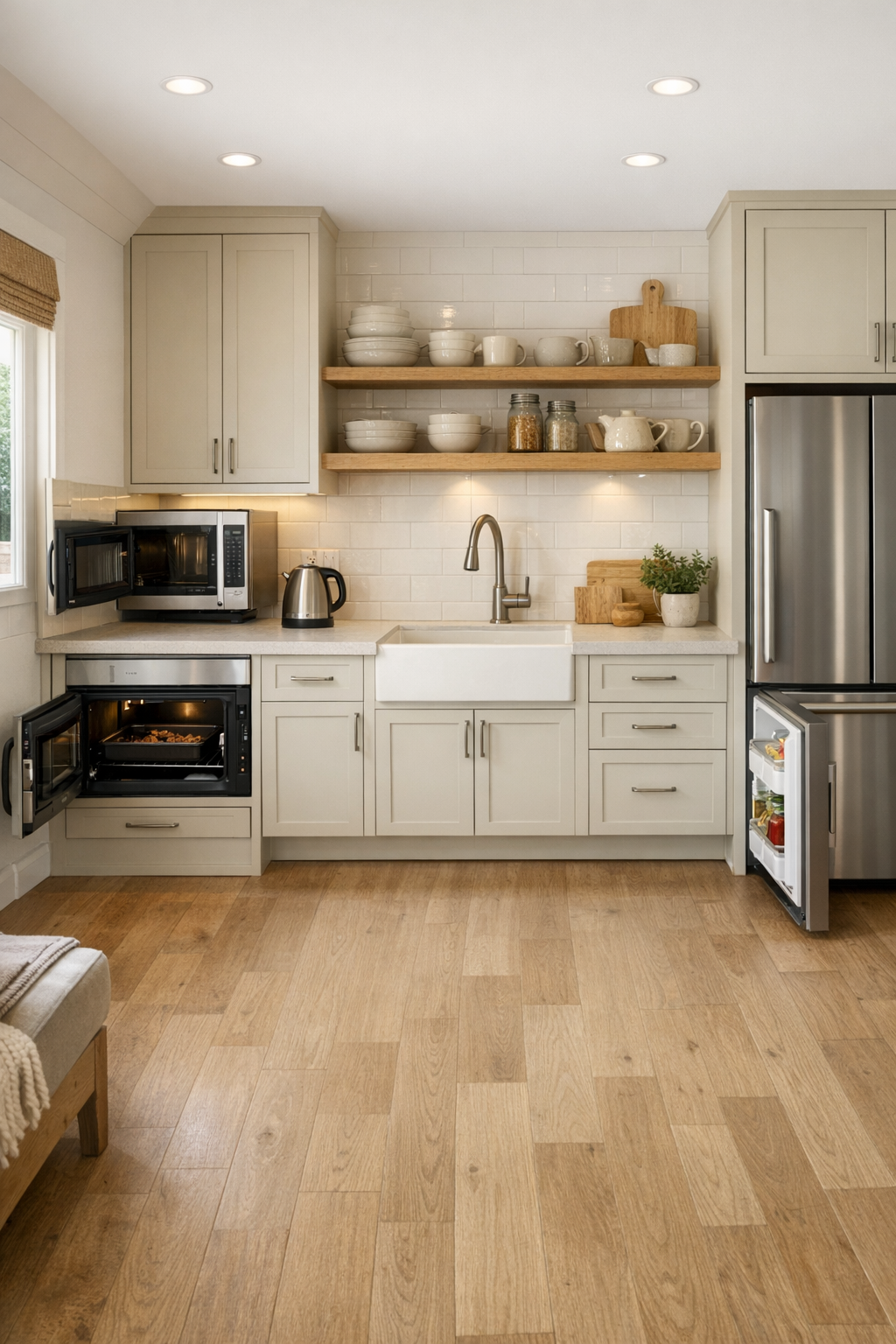 Accessible tiny home kitchen with creamy wheat cabinets and honed quartz counters
