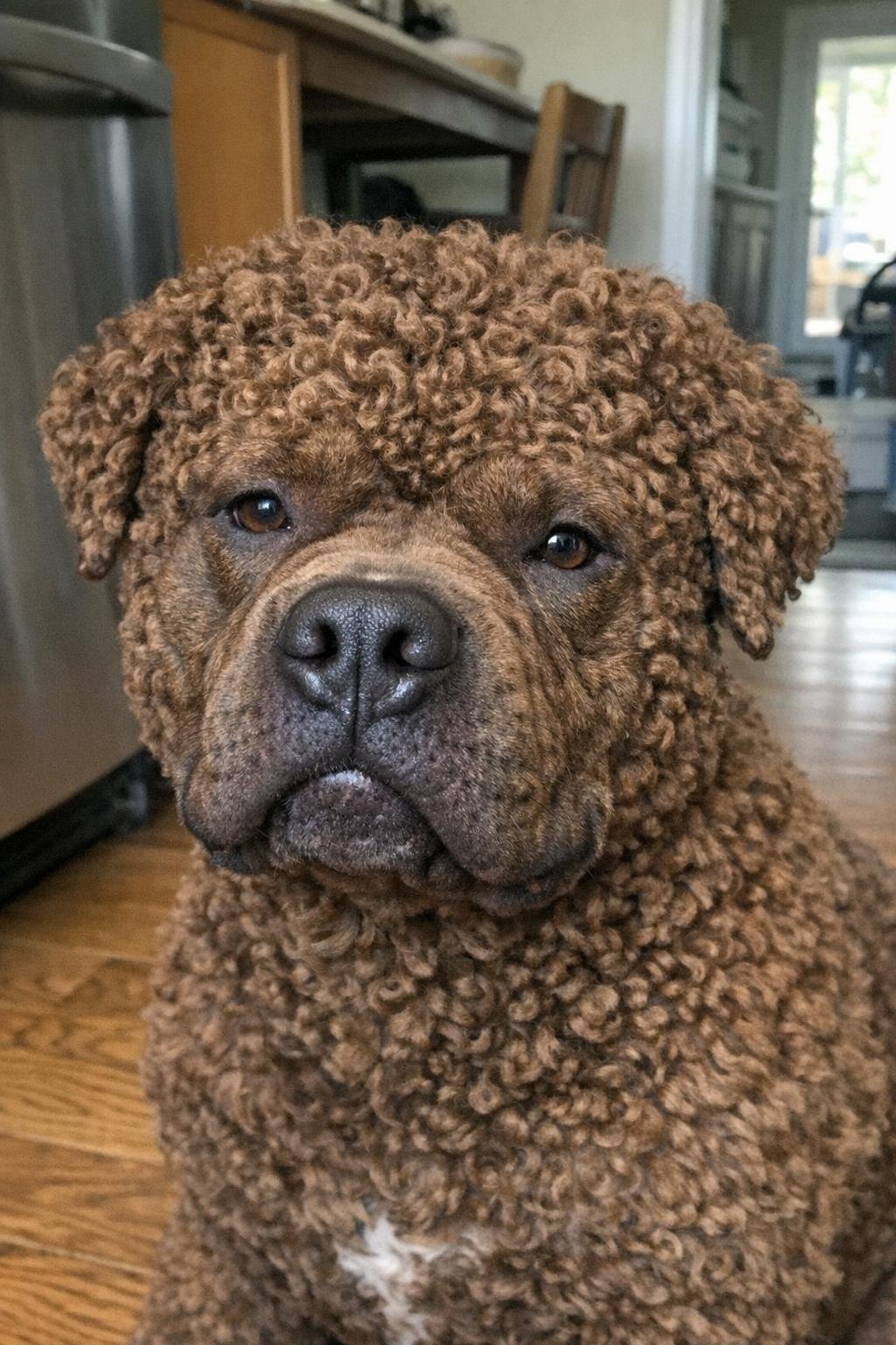 A curly brown dog with a blocky head sitting on a kitchen floor